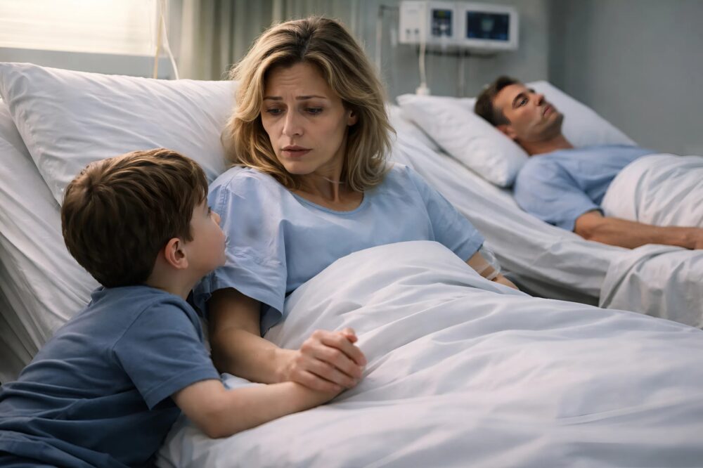 Ik viel flauw tijdens een diner en toen ik weer bij bewustzijn kwam, lag ik in een ziekenhuisbed: mijn achtjarige zoon pakte mijn hand en fluisterde: “Mama… ik moet je iets vertellen…”