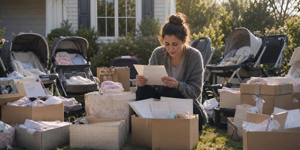 Nadat ik mijn pasgeboren zoon had verloren, gaf ik alle spullen weg die ik voor hem had gekocht: toen ontdekte ik op een ochtend dat mijn gazon vol stond met kinderwagens met dozen erin en ik kon mijn tranen niet bedwingen toen ik zag wat erin zat